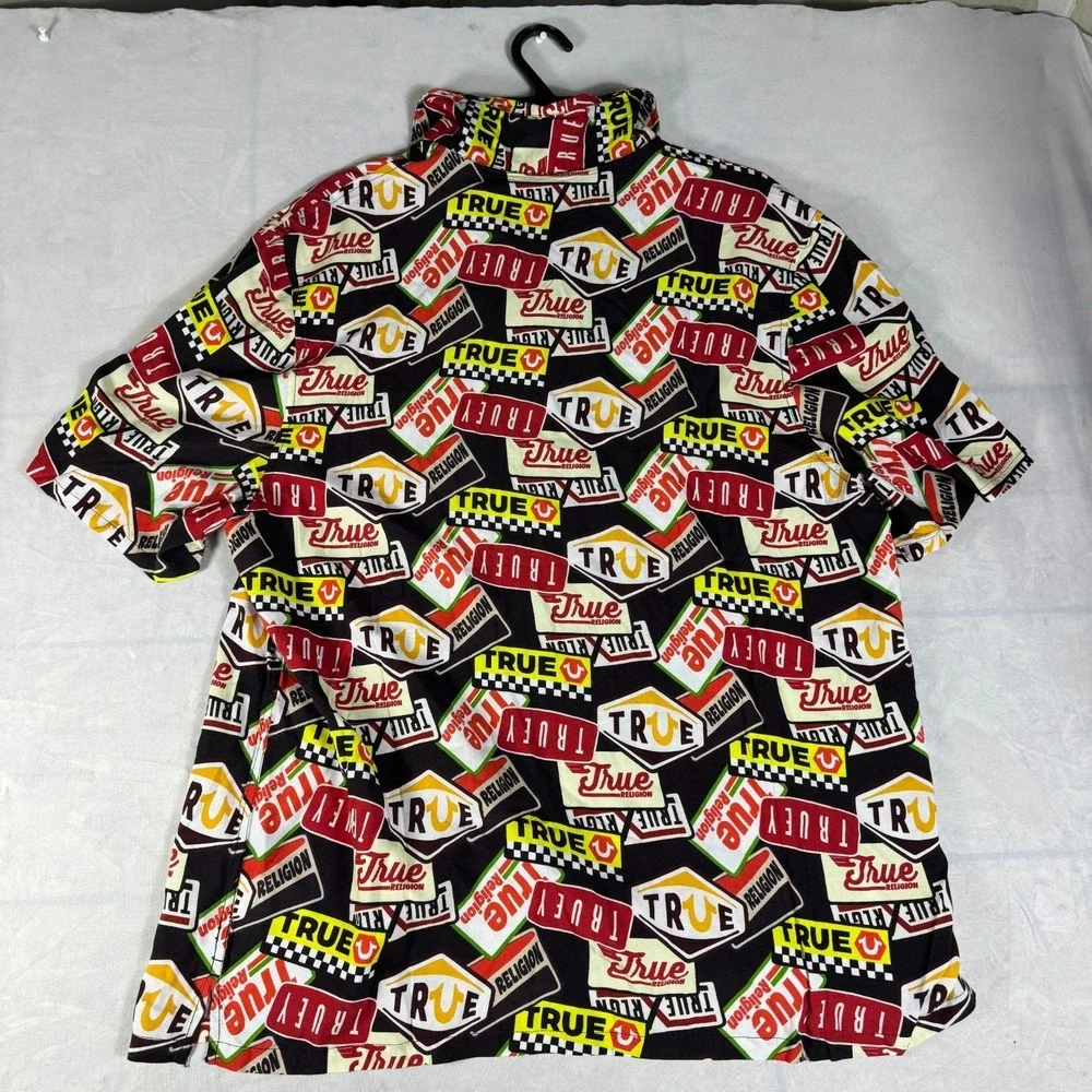 NWT True Religion Mens Button Up Camp Shirt Black All-Over Print Short Sleeve XL
